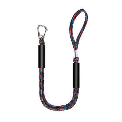 Black braided bungee dock line with two stainless steel hooks and loop ends