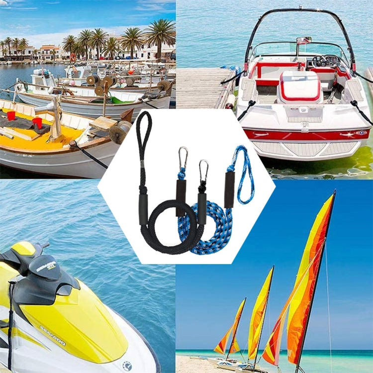 Black bungee dock line with stainless steel hooks shown on a boat and jet ski