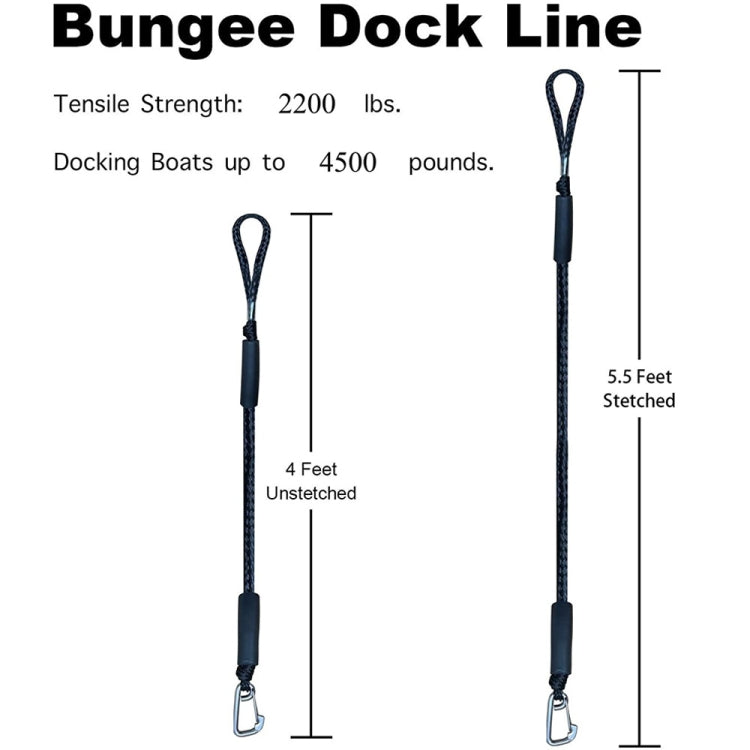 Black bungee dock line, 4 ft unstretched and 5.5 ft stretched, with metal hooks