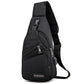 Black men's chest bag with front zip pocket and crossbody shoulder strap.