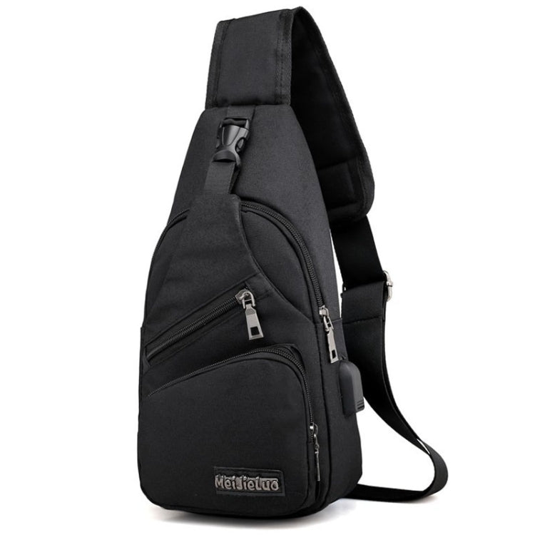 Black men's chest bag with front zip pocket and crossbody shoulder strap.