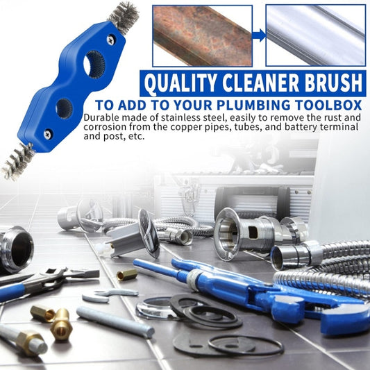 Blue wire brush with two round ports and small metal bristle brushes on both ends