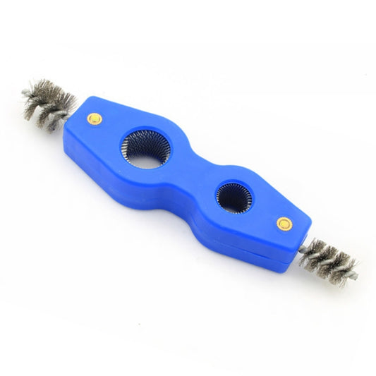 Blue 4-in-1 wire brush with two circular cleaning heads and dual metal bristle ends