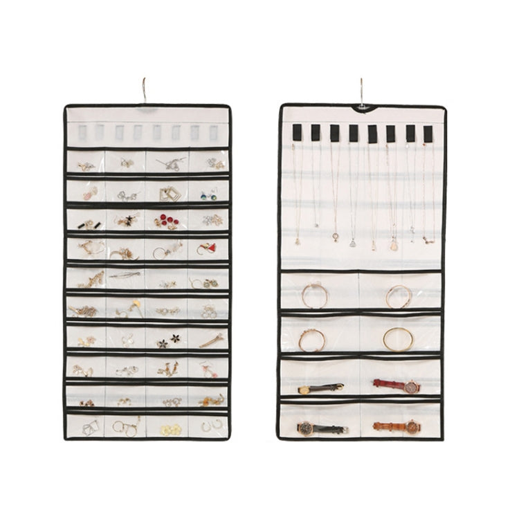 White double-sided hanging jewelry organizer bag with clear grid compartments