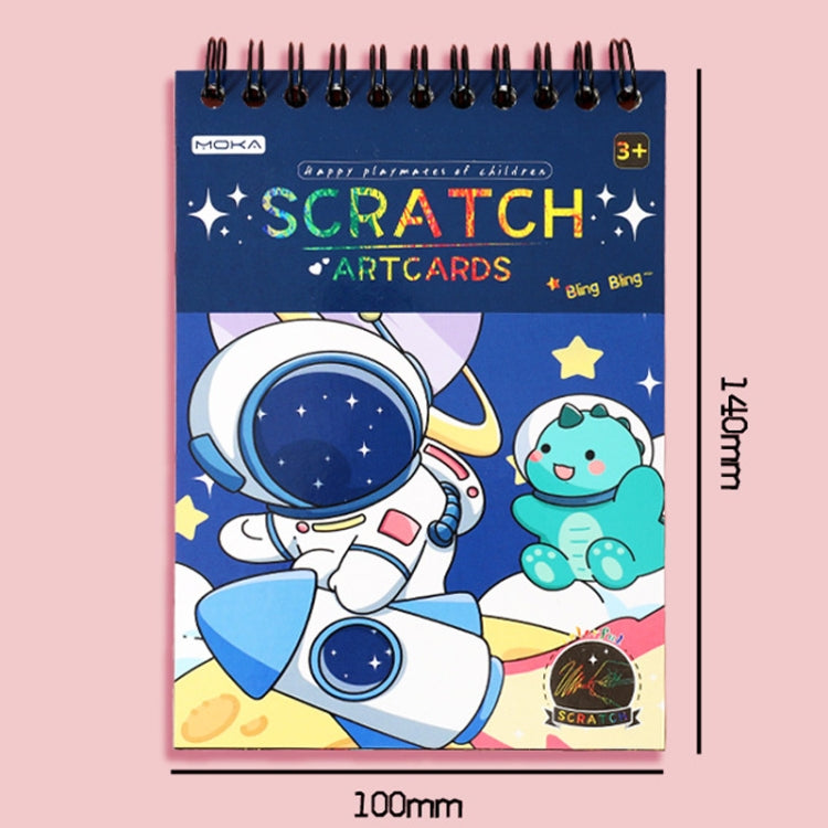 Blue astronaut themed scratch art card notebook with spiral binding and size reference