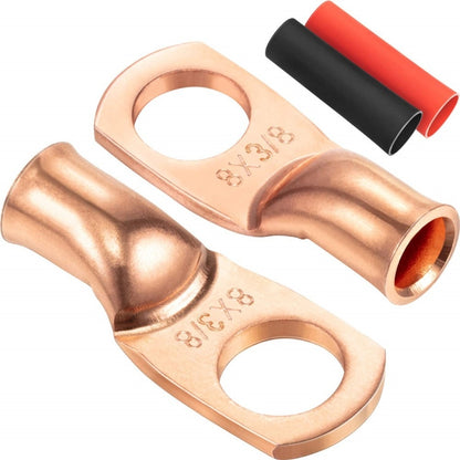 8AWG copper ring terminal with stud hole and red heat-shrink sleeve