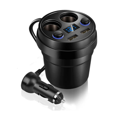 Dual USB car charger cup with two USB ports and dual cigarette-lighter sockets