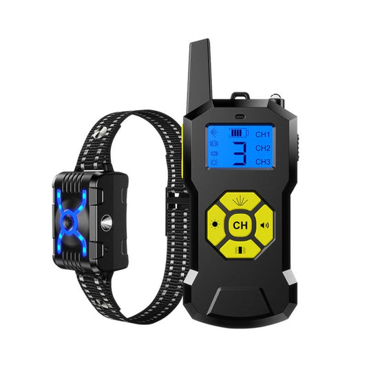 Waterproof bark training shock collar receiver with black webbing strap and blue display