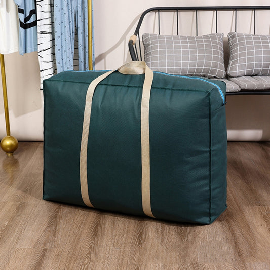 Dark green moving storage duffle bag with beige strap handles and top carry loops