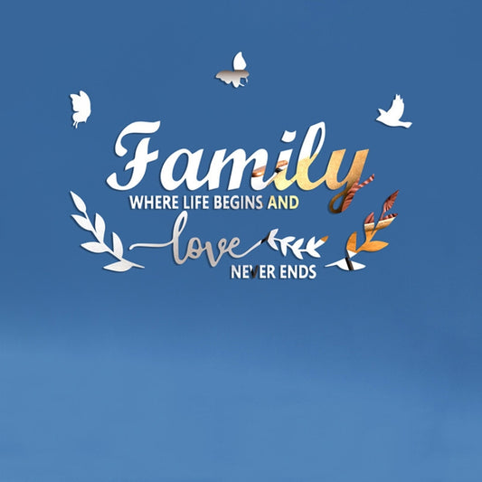 Silver mirror wall sticker: Family quote with birds, leaves, and butterflies