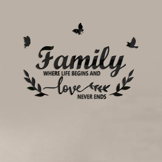 Black mirror wall sticker: Family quote with birds, leaf wreath, and butterflies