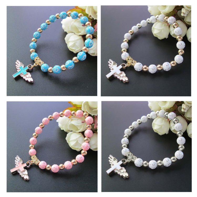 Angel cross bead bracelet color variants: blue, white, pink, and silver charm views.