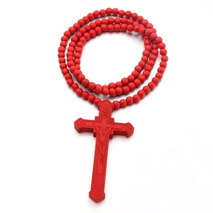 Red wooden bead necklace with engraved cross pendant, red cross and bead strands
