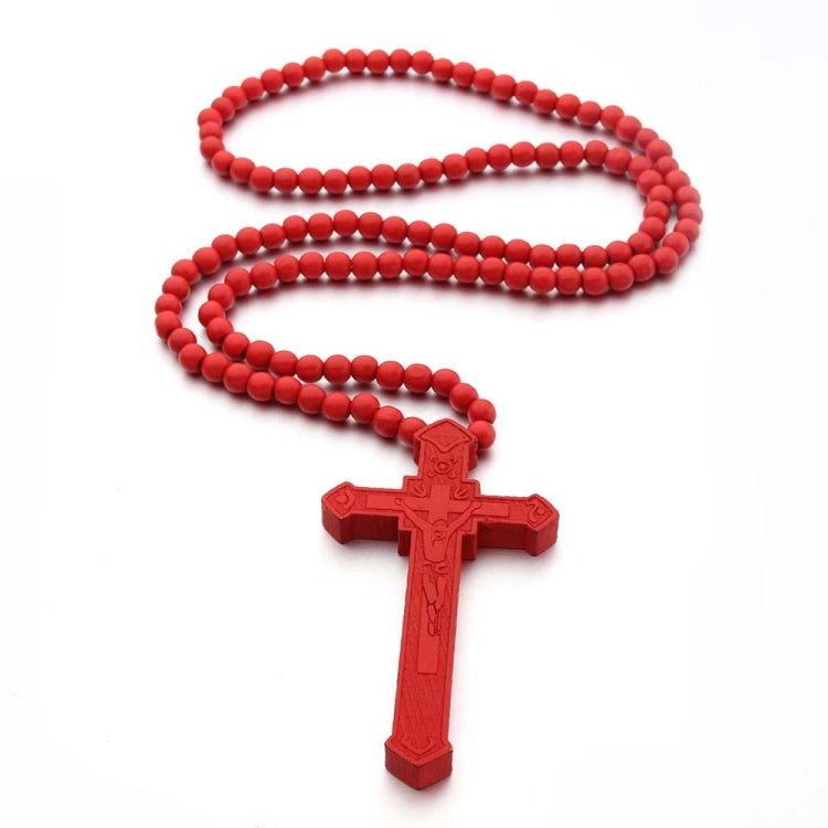 Red wooden bead necklace with cross pendant, long loop and engraved red cross