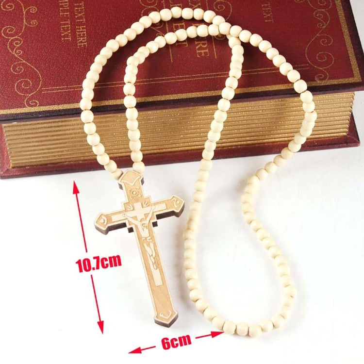 Ivory wooden bead necklace with engraved cross pendant, single ivory cross on strand