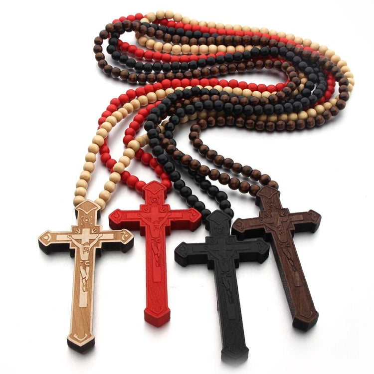 Wooden bead cross necklaces set with engraved crosses in red, black, and brown tones