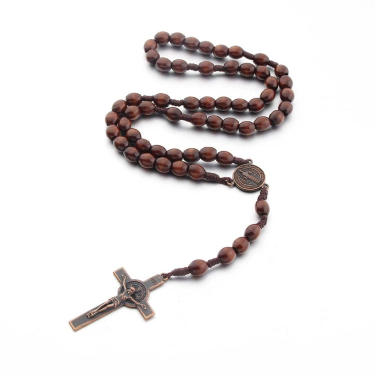 Wooden bead cross necklace with dark coffee beads and two metal cross pendants