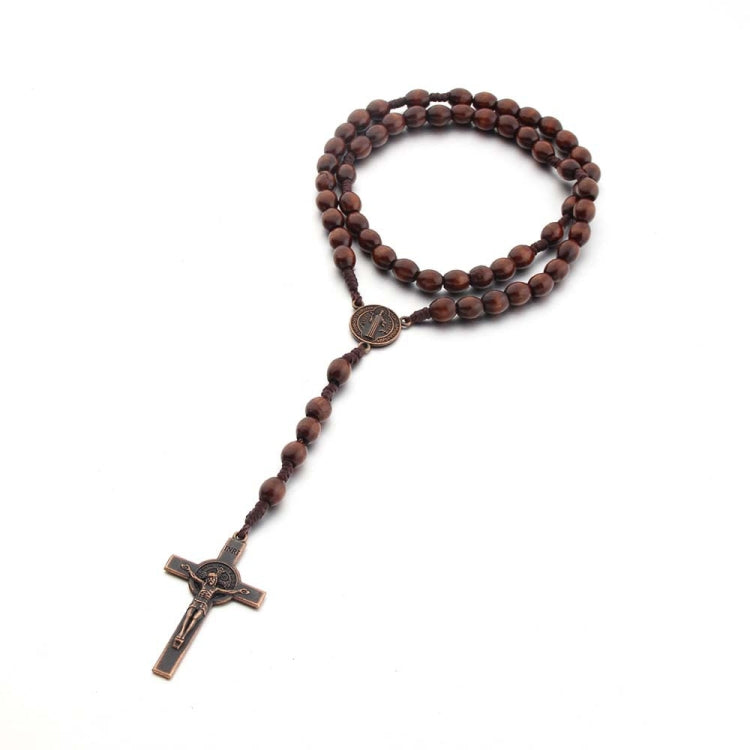 Wooden bead cross necklace with dark coffee beads, round center medallion, and cross drop