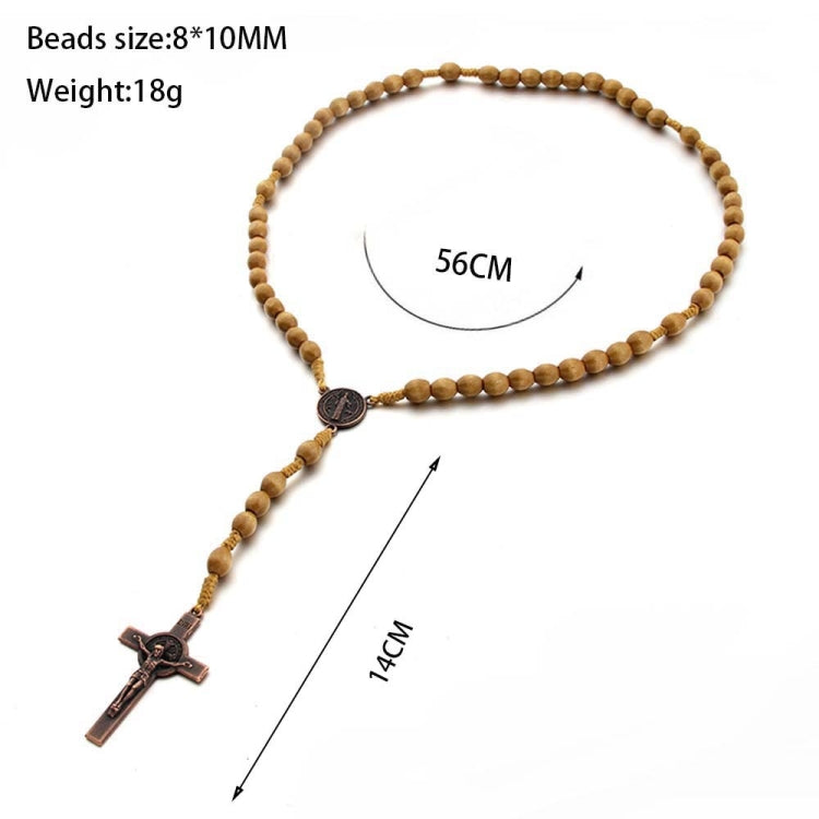 Wooden bead cross necklace with light coffee beads, round center medallion, and cross