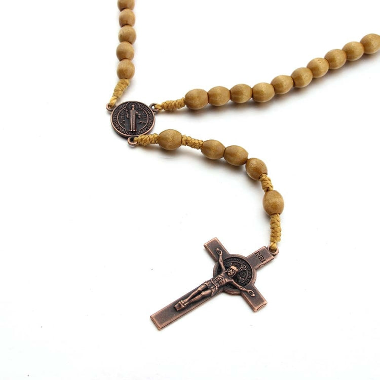 Wooden bead cross necklace with light coffee wooden beads and metal cross pendant