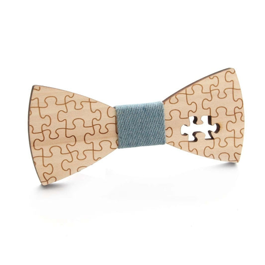 Wooden bow tie with puzzle-piece pattern, blue fabric center, tan wooden wings
