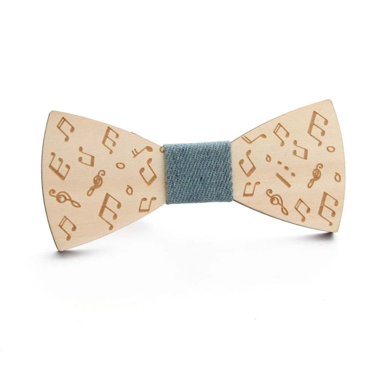 Wooden bow tie with music-note pattern, blue fabric center, tan wooden wings