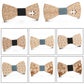 Wooden bow tie assortment with elk, puzzle, music, and anchor designs, blue and black centers
