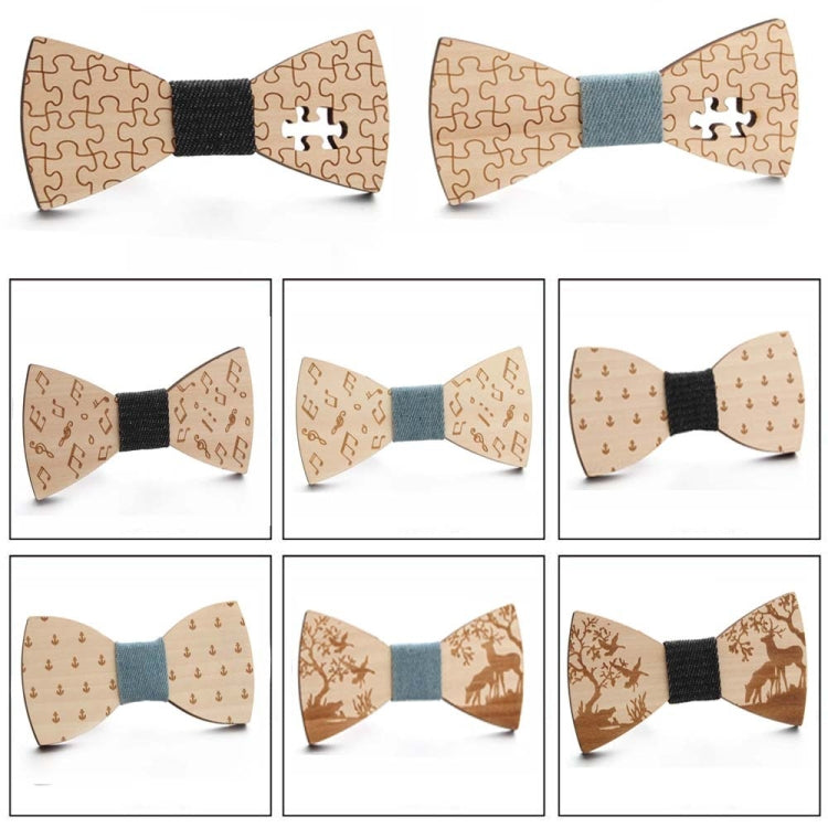 Wooden bow tie assortment with elk, puzzle, music, and anchor designs, blue and black centers