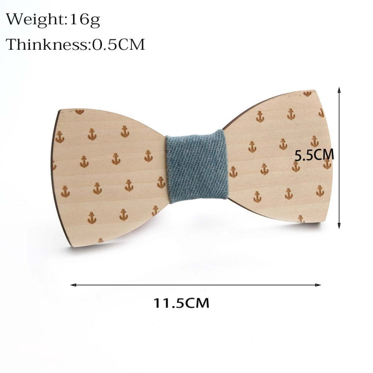 Wooden bow tie with anchor print, blue fabric center, tan wooden wings