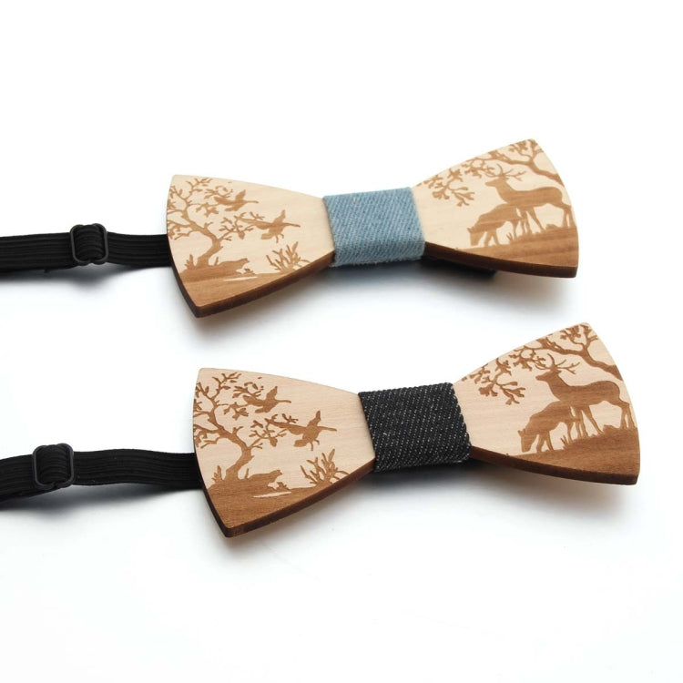 Men's wooden bow tie with deer silhouette wood panels, blue and dark center bands