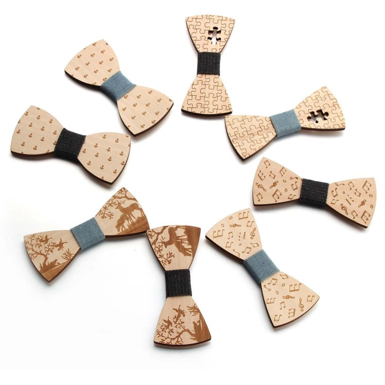 Men's wooden bow ties assorted patterns and colors, including puzzle and music prints