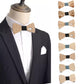 Men's wooden bow tie worn on jacket; animal silhouette wood with light blue center