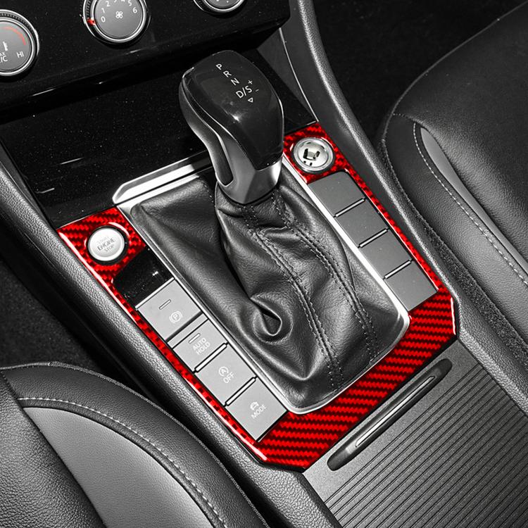 Red carbon-fiber gear panel sticker around the gear shifter area with circular cutouts.
