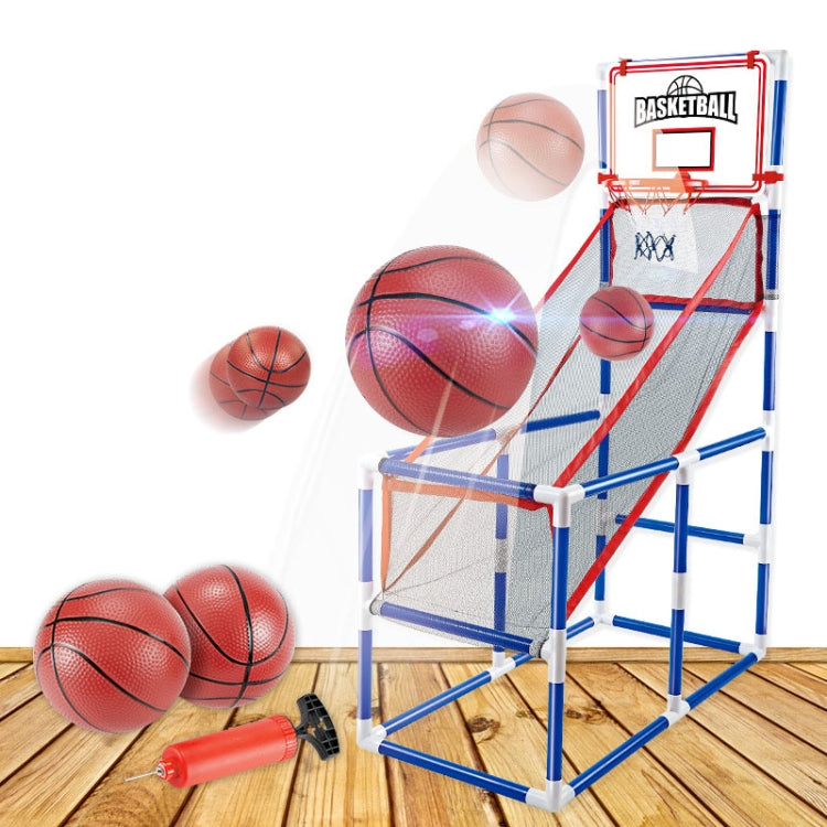 Mobile basketball hoop playset with blue frame, red rim, and net slide