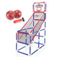 Large basketball hoop playset with blue-and-white frame and red backboard, net ramp