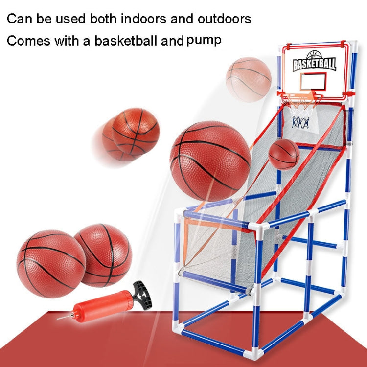 Children's basketball hoop playset with red backboard and net ramp, includes basketball balls