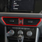 Red carbon-fiber air outlet trim sticker installed around center vents with center tab