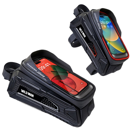 Black front bike phone bag with TPU touch screen window, showing front and side views