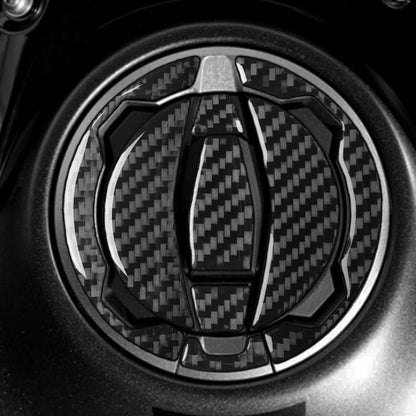 Fuel tank cap sticker set with carbon-fiber style black and gray pieces on the cap