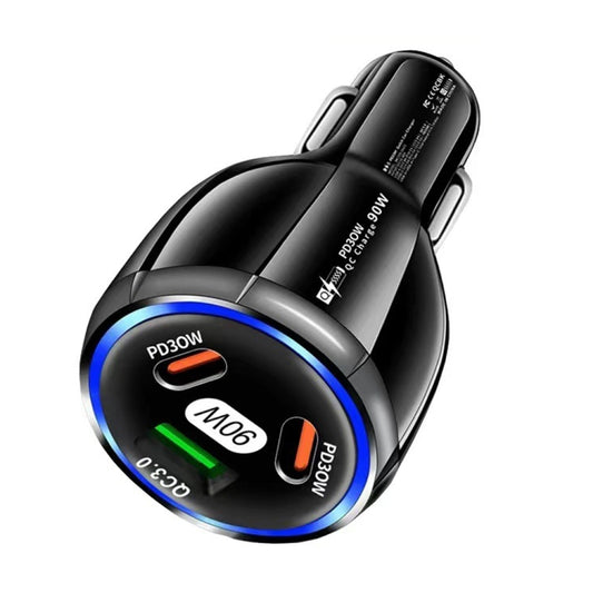 Black car USB-C car charger with blue LED ring and multiple charging ports