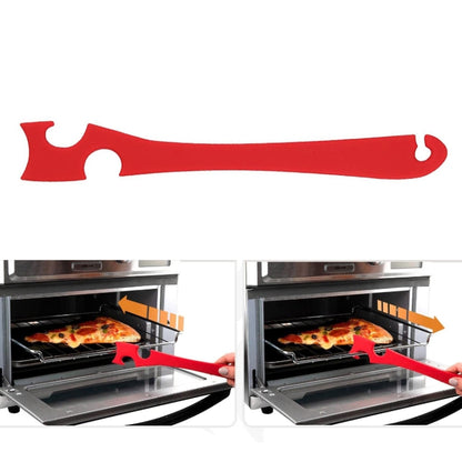 Red silicone push-pull oven rack tool with hook ends