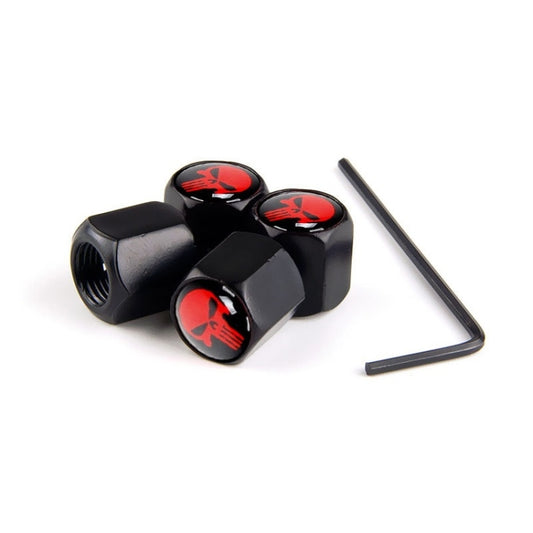 Set of 4 black wheel valve caps with red skull emblems and hex key