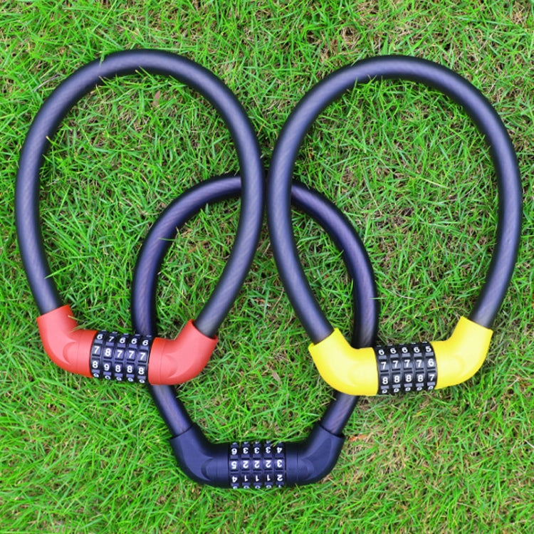 Pair of U-shaped combination cable locks in red and yellow with 5-digit dials