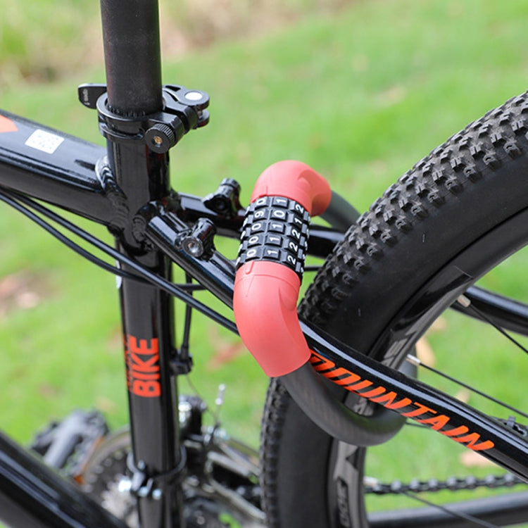 5-digit combination lock with red dial, attached to bicycle frame