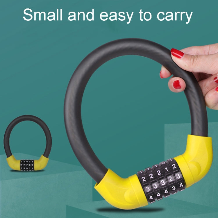 Yellow and black 5-digit combination lock with curved cable and numbered dial