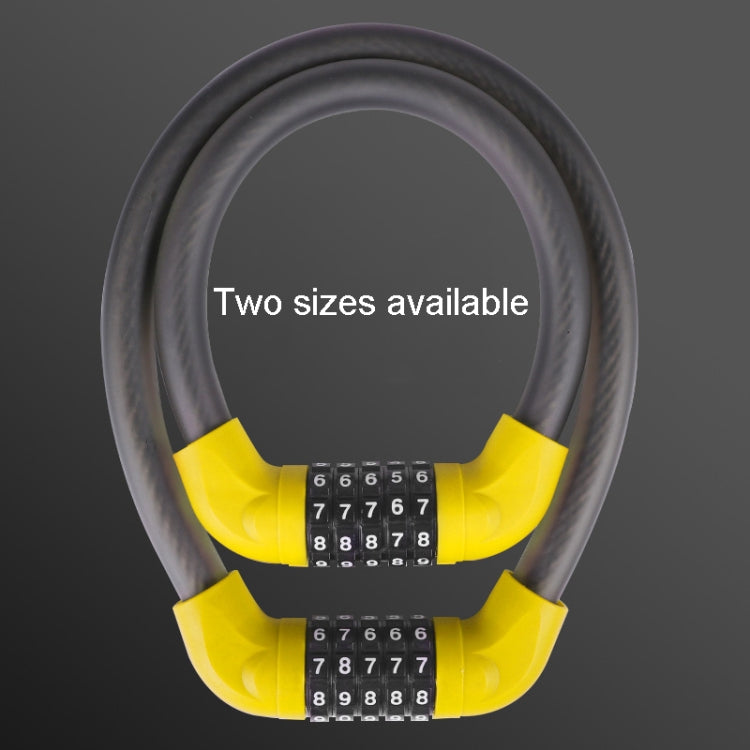 Gray cable combination lock with two yellow padded arms and 5-digit dial