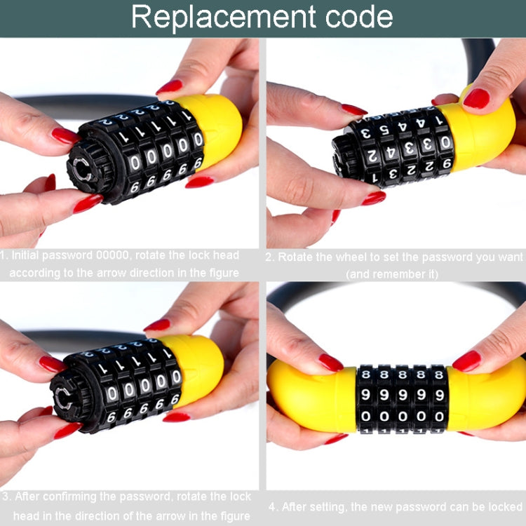 Hands resetting a new code on a yellow and black 5-digit combination lock