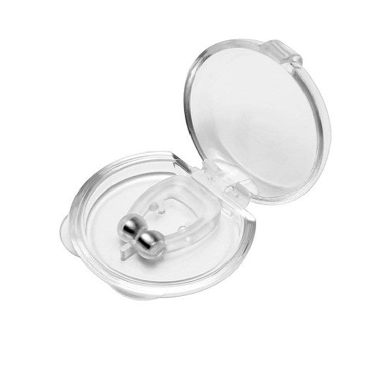Magnetic anti-snore nose clip with clear hinged frame and silver magnetic tips, open
