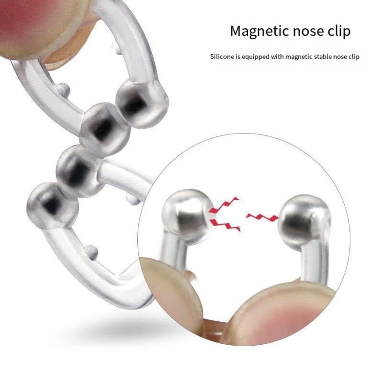 Magnetic nose clip with silicone frame and three silver magnetic beads, close-up