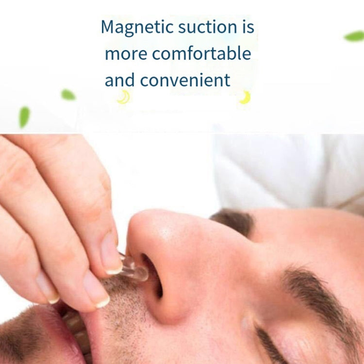 Magnetic nose clip being placed on nose, clear silicone with silver magnetic tips